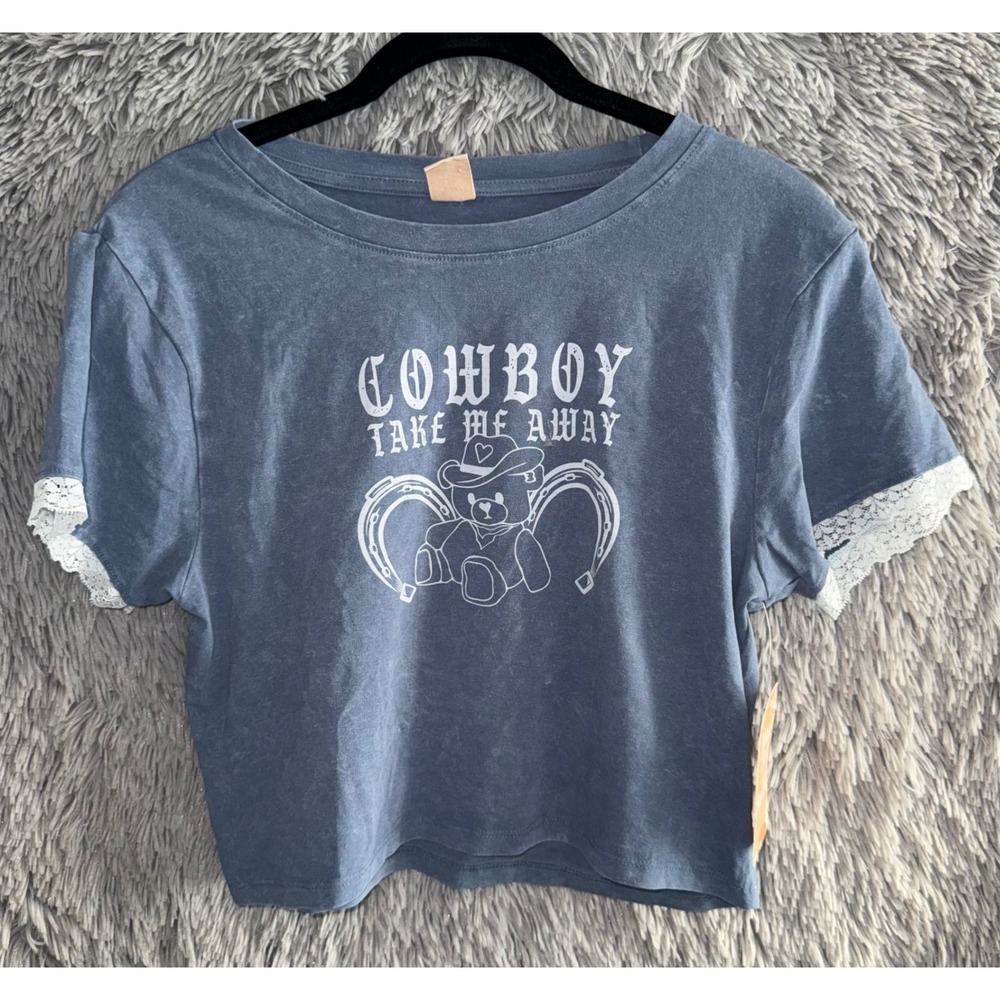 Messy Bun Just Chillin Crop Tee Blue‎ Lace Sleeve Bear Cowboy Graphic T Shirt XL